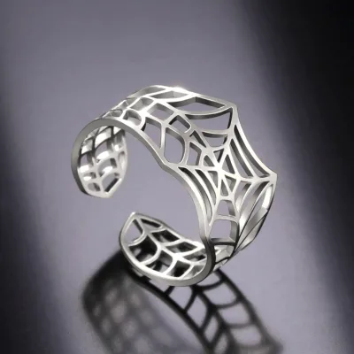 Spider Web Rings for Women Men Open Adjustable Ring Stainless Steel Punk Style Hollow