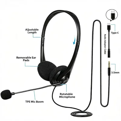 Wired Call Center Headset Rotatable Boom Microphone 3.5mm Jack with Type-C Adapter Business Office Headphones for Laptop