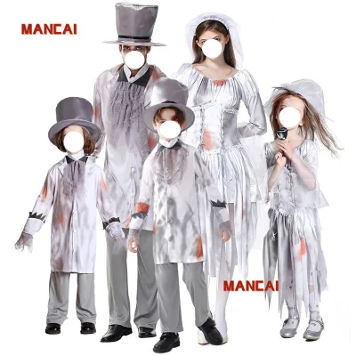 Family Horror Vampire Zombie Cosplay Uniform Women & Men Blood Horror Veil Dress Ghost Bride Adult Kids Halloween Costumes