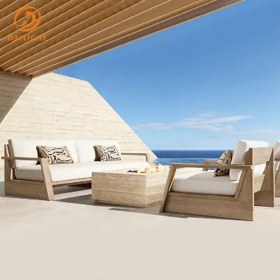 Luxury Solid Teak Wood Outdoor Furniture Geometric Frame Deep Seating Sofa Chair with Fire Pit for Seaside Villa Resort