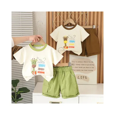 Summer Trendy Two-Piece Boy's Casual Clothes Stylish Giraffe Print Math Top and Shorts for Kids