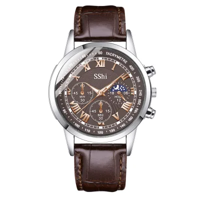 Cross Border Platform Hot Selling Men's Quartz Watches Three Eye Roman Dial Leather Strap Watches Business Style Men's Watches