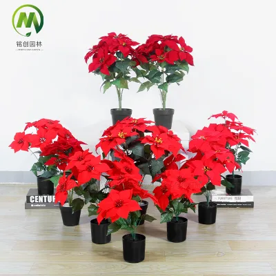 Best Selling Silk Artificial Christmas Flowers Plant Decorative Faux Poinsettia Plants Artificial Flower Potted Plant for Decor