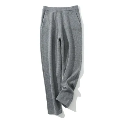 Autumn Winter New Fashion 100% Cashmere Women's Pants Casual Wide-leg with Mid-Elastic Waist Pockets Displaying Temperament