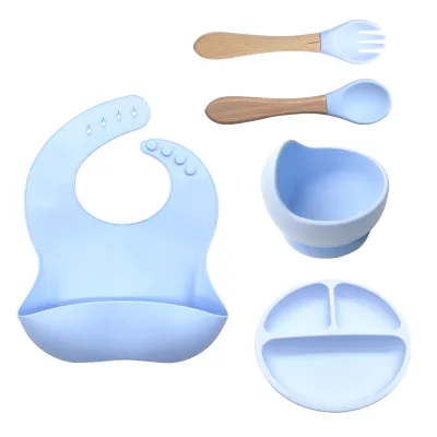 Bpa Free Silicone Toddler Feeding Eating Utensils Dish Set With Bibs Spoon Fork Baby Feeding Set