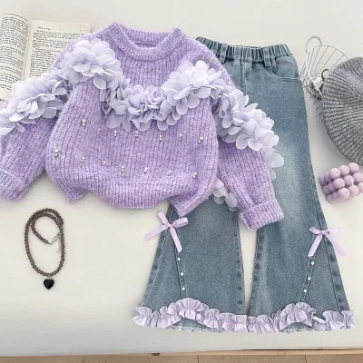 Girls' 3D Flower Beaded Sweater Set Autumn Korean Style Knitted Sweater Flared Pants Jeans Two-Piece Set