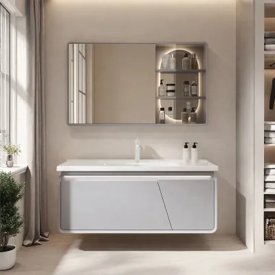 Modern Minimalist Rounded Edge LED Mirror Cabinet Soft Close Doors Customizable Bathroom Vanity Unit Featuring Ceramic Copper