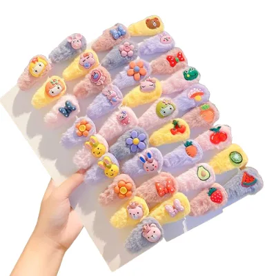 2024 Hot Sale Autumn Winter Plush Series Plush Baby Hair Accessories Durable Cartoon Animal Flower Bow Kids Girls Hair Clips Set