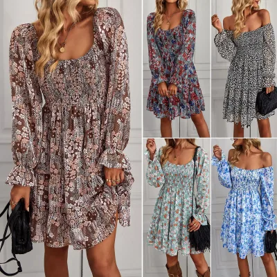 Factory Direct A-Line Floral Print Chiffon Dress for Girls Long Sleeved with Natural Waistline Digital Printing Washable
