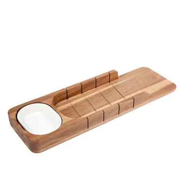 Acacia Wooden Bread Cutting Board With Ceramic Dipping Bowl Wood Bread Boxes Cutting Board for Kitchen Bread Cutting and Serving