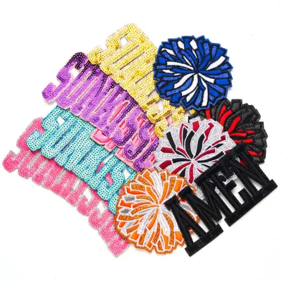 Wholesale Glitter Pom Pom Sequin Embroidery Patch Set Iron on Sports Mascot Badges for Varsity Jackets & Dance Team Accessories