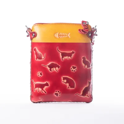 Cute Cat Print Embossed Handmade Leather Crossbody Bag Passport Bag