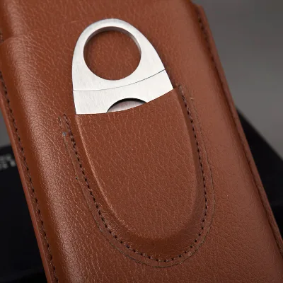Portable Luxury Three-Finger Cigar Cutter Holder Custom Small Real Leather Cigar Boxes with Mirror Design for Travel Humidors