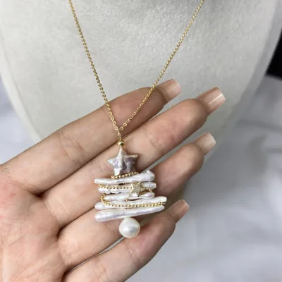 R.Gem. Jewelry Charms Christmas Tree Shape Baroque Freshwater Pearl Necklace for Gift