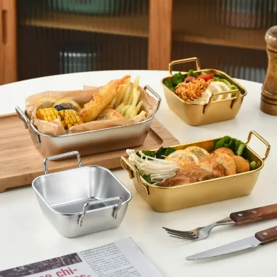 Plate Snack Dishes With Double Handle  Stainless Steel Metal Korea Multi-purpose Square Serving Dinnerware Restaurant Dinnerware