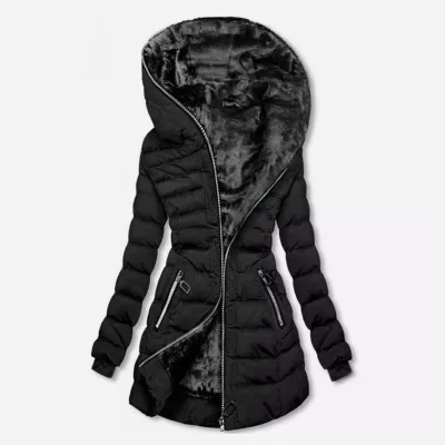 Women's Hooded Long-Sleeve Warm Fleece-Lined Cotton Coat - Winter Mid-Length Zip Jacket