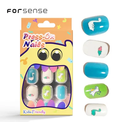 custom packaging short press on nails with design blue ocean mystery monster child's nail tips kids cute artificial fingernail