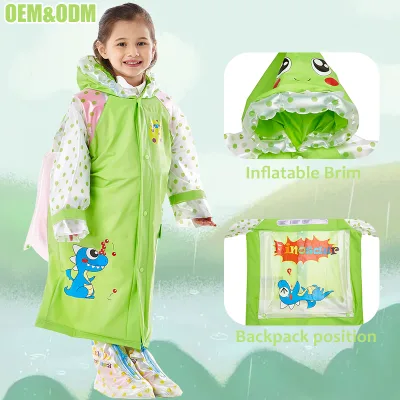 Cartoon Printing Cute Green Dinosaur Plastic PVC Kids School Children Raincoat Waterproof with Schoolbag Position
