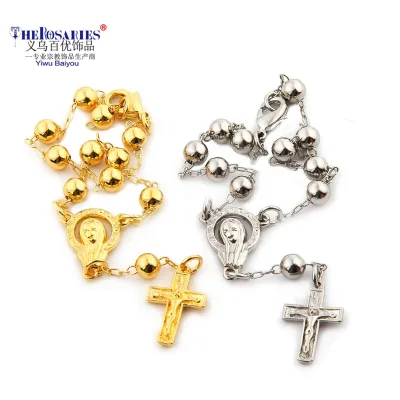 Gold / Silver Rosary Bracelet Copper Beads Religious Catholic Rosary Prayer Beads Cross Jewelry Gift