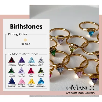 Emanco Fashion Jewelry Stainless Steel 18K Gold Plated Ring Women Vintage Triangular Zircon 12 Colors Birthdaystone Finger Ring