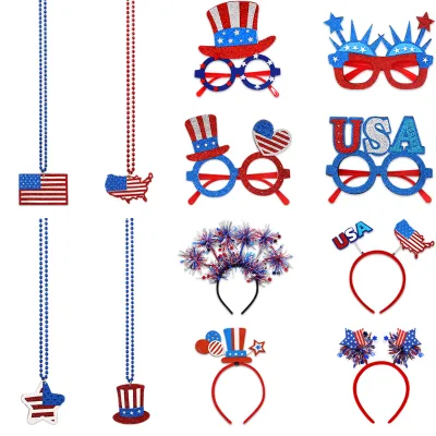 USA Independence Day Party Favor Set American Flag Bead Necklaces Glitter Eyeglasses Patriotic Headband Party Decorations Kit
