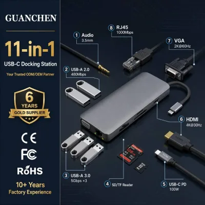 11-in-1 USB-C Aluminum Alloy Multiport Hub 100W PD Fast Charge USB 3.0 5Gbps 4K Video SD/TF Reader 12-Month Warranty Ready Stock