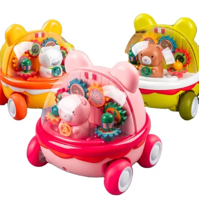 Friction Funny Cartoon Bear Car Gear Set Cheap Plastic Transparency Colorful Inertia Press and Go Gear Car Toys for Kids