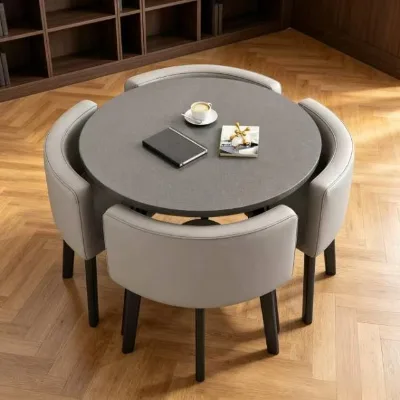 Modern MDF Dining Table Set with Round Tabletop 4 Upholstered Chairs for Home Dining Area