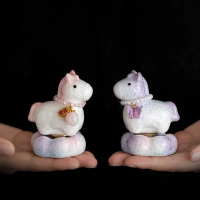 2026 Newest Design Ceramic Ornaments Kiln Crystalline Glazing Mini Rotating Ceramic Horse Home Office Tea House Decoration