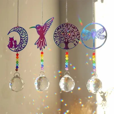 New Animal Gold Metal Sheet Pendant Art Deco Design Cat Tree Seahorse Crystal Sun Catcher Hummingbird Crystal Decor Suncatchers