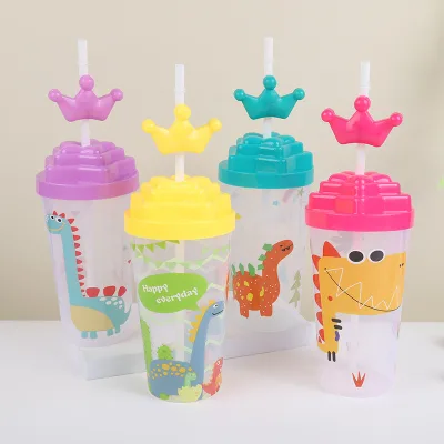 Cartoon Dinosaur Pattern Plastic Straw Cup 400Ml/600Ml Water Cup for Children's Daily Home Use