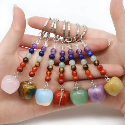 Women's Crystal Apple Pendant Keychain 7 Chakra Charm Energy Rainbow Gemstone Beads for Healing Meditation Spiritual Purpose