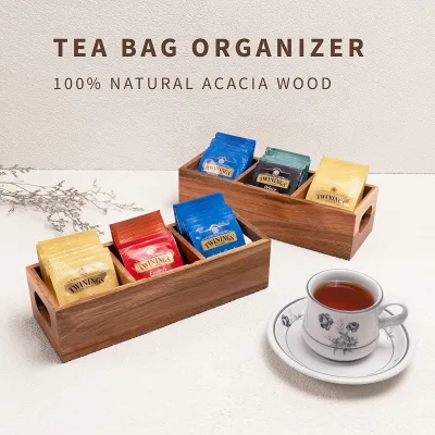 Wooden Tea Bag Organizer Set of 2 Adjustable Compartments Tea Bags Caddy with Handle Sugar Packet Holder for Countertop Cabinet