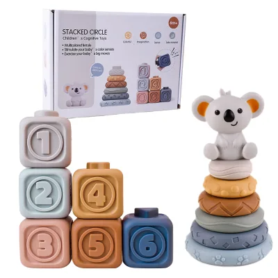 Baby Cognitive Embossed Soft Silicone Building Blocks Set Stacking Fun DIY Educational Toy for 0-24 Months