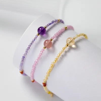 Sweet S925 Sterling Silver Synthetic Colofulr Faceted Zircon Beaded Adjustable Bracelet for Women's Jewelry