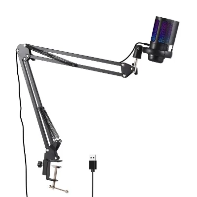 Gaming Microphone USB Microphone Set for PC Condenser Mic Gain Control Colorful Atmosphere Lighting with Anti-spray Net and Arm