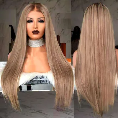 High-Temperature Resistant Female Gradient Color Long Straight Hair Synthetic Silk Wig Silky Straight Wave Chemifiber Rose Net