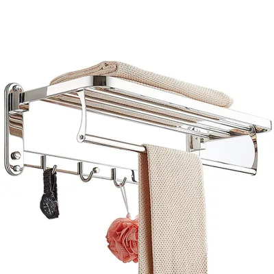 HF Factory Supply 304 Stainless Steel Bathroom Accessories Folding Towel Rail  Wall Mounted Towel Drying Rack With Hooks