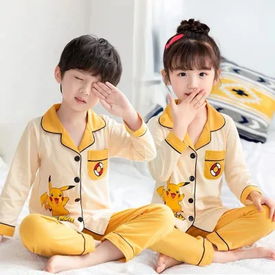 Pure Cotton Casual Pajamas for Boys and Girls Long Sleeve Cute Cartoon Design for Spring and Autumn for Home Use with Parents