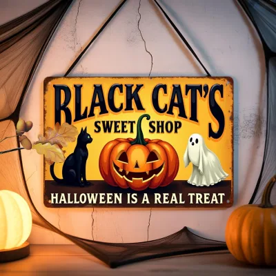 Black Cat's Sweet Shop Halloween Metal Sign Vintage Decor for Halloween Wall Art, Decorative Tin Signs 20x30cm