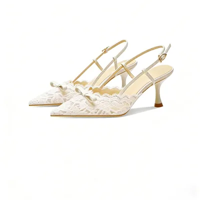 Women Shoe Factory Lace Bow Wedding Shoes Comfortable Spool Heel Bridal Heels for Wedding Engagement Dress