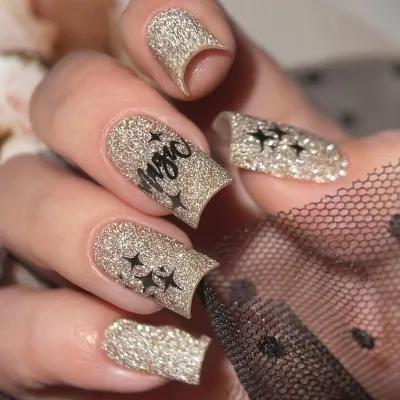 Square Nails 3D Charm Y2K Bow Star Cat Eye Nail Lover Style Shine Almond Glitter Press on Nails Trend Stick on Nail Trend