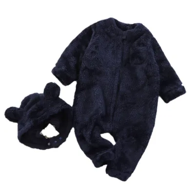 Baby Jumpsuit Winter plush thermal jumpsuit Hooded Baby pajamas 0-3 months printed design detachable hat