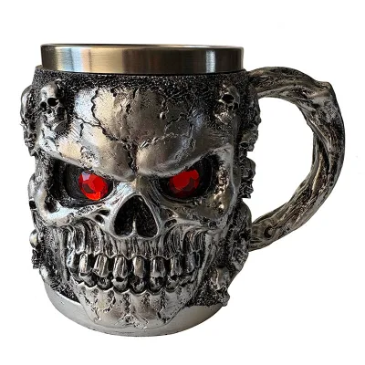 Stainless Steel Large Knight Mug Norse Gothic Decor Viking Festival Gift Skull Gothic Coffee Red Eyes Halloween Ghost Cup