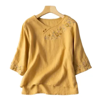Cotton Hemp Floral Woven Breathable Eco-Friendly Summer Loose Round Neck Embroidered Casual Versatile 3/4 Sleeve T-shirt
