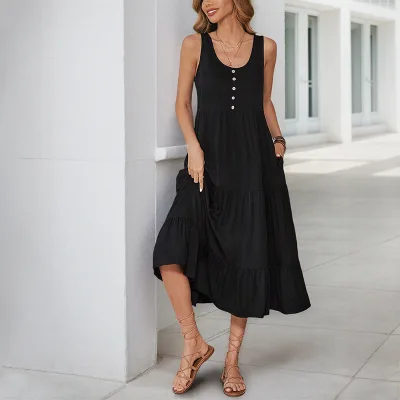 Summer New Style Halter Dress With Button Pockets, Sleeveless, Solid Color, Mid-length, One-piece Dress