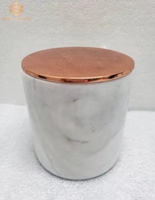 wholesale Natural  white Stone Carrara White Marble Candle Holder Jars With Metal Lid
