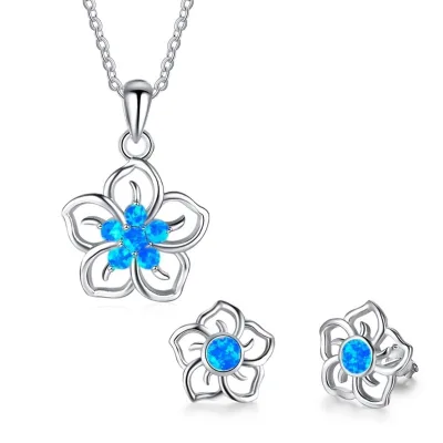 Beautiful Blue Flower Chain Pendant Necklace Set with Earrings New Design Fashion Jewelry for Women Wedding Lover Gift