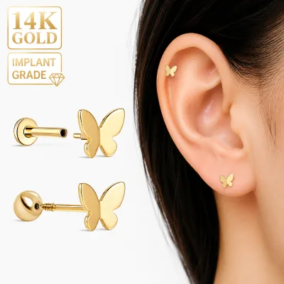 Minimalist High Polished 14K Gold Butterfly Stud Earring Internally Threaded Labret Implant Grade Body Piercing Jewelry