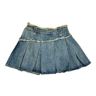 Spring & Summer Y2K Fashion A-line Low Waist Mini Skirt Retro Pleated Denim Skirts for Women